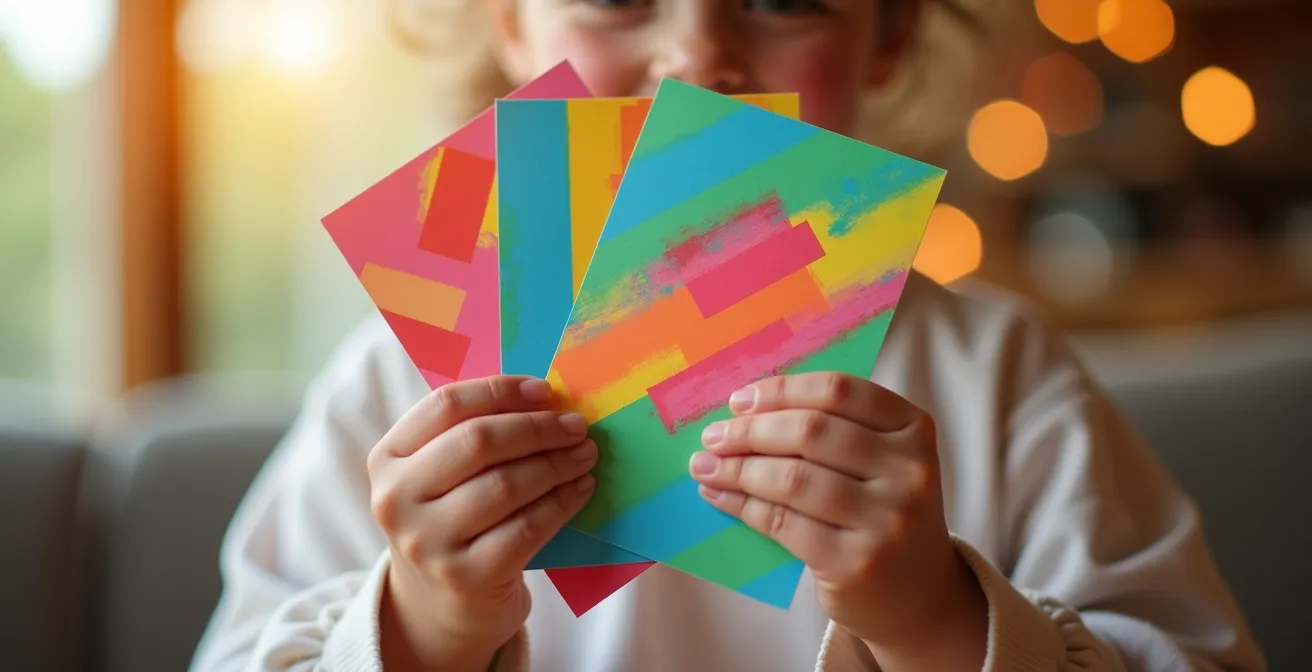 Plan rapproché sur les mains d'un enfant tenant des cartons d'invitation colorés