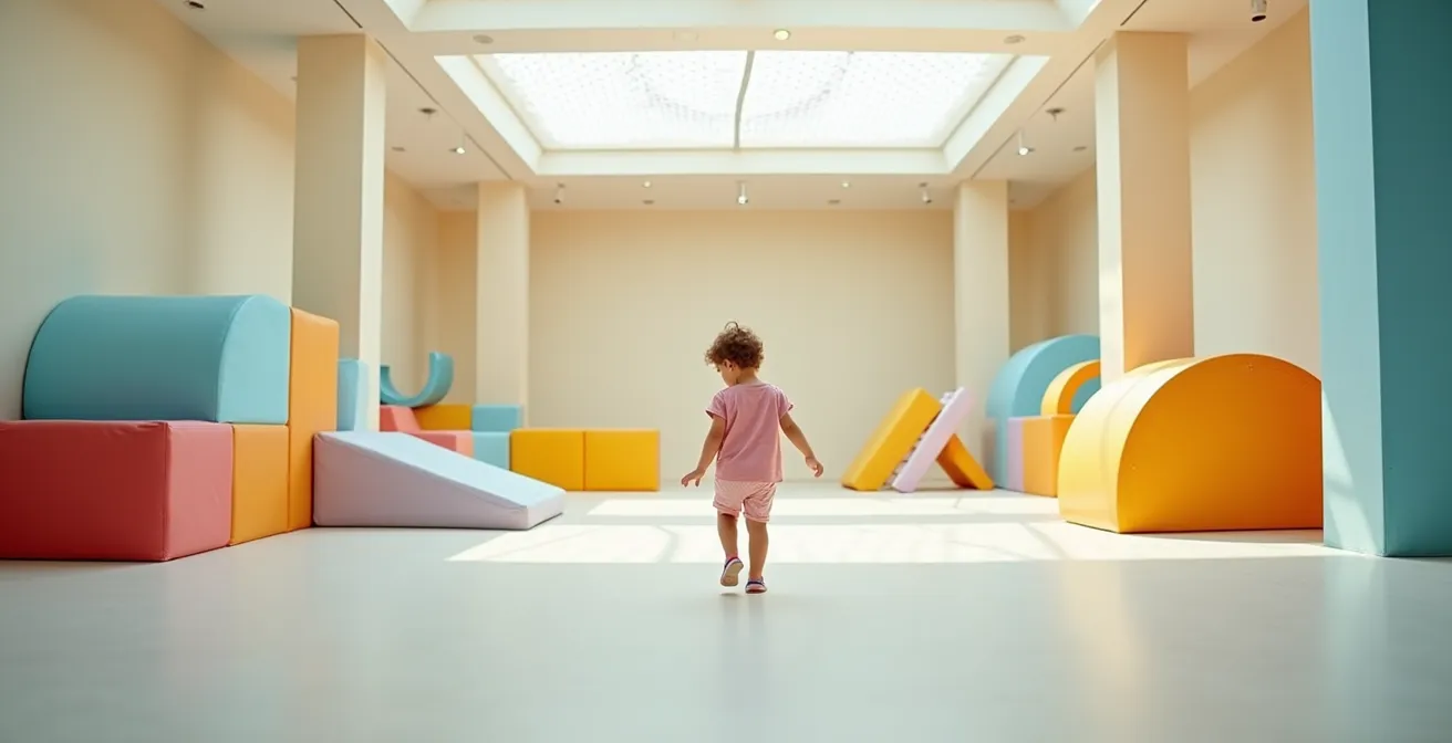 Enfant explorant librement un espace sécurisé avec des structures colorées