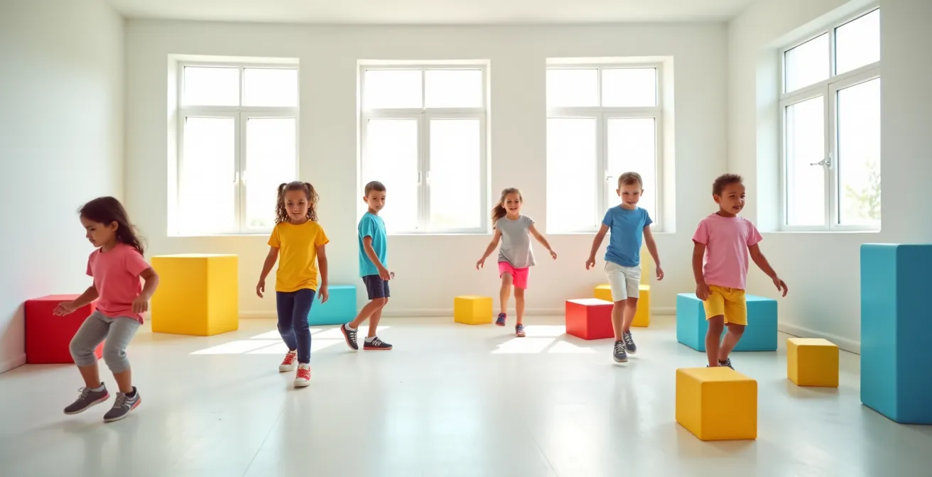 Vue large d'un espace de jeu avec enfants d'âges variés jouant ensemble