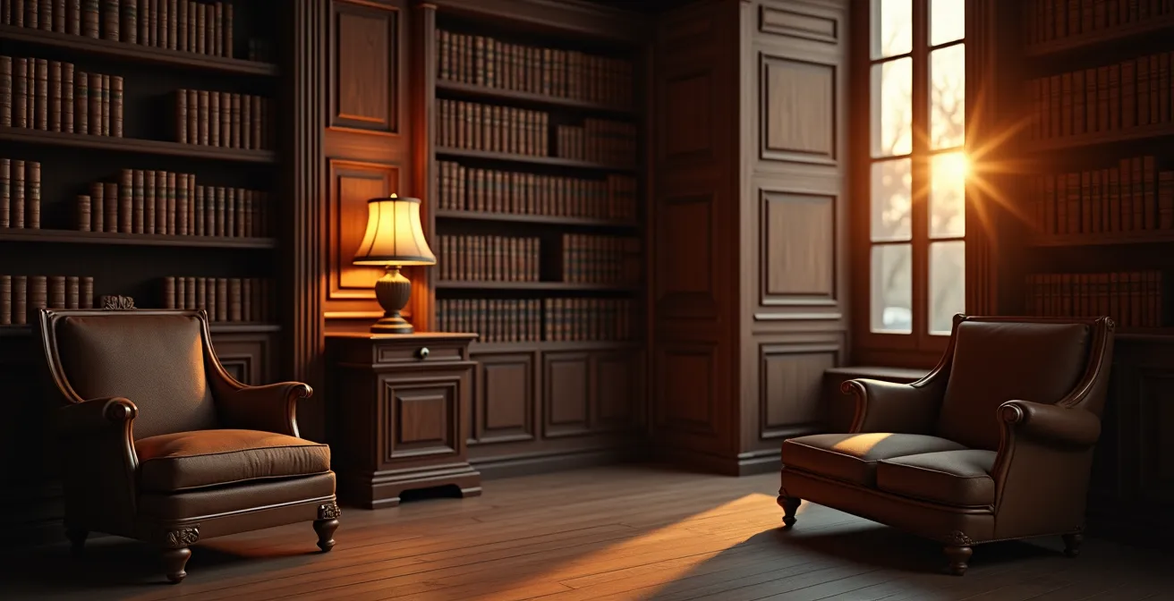 Bibliothèque ancienne avec coffrets de manuscrits transmis entre générations