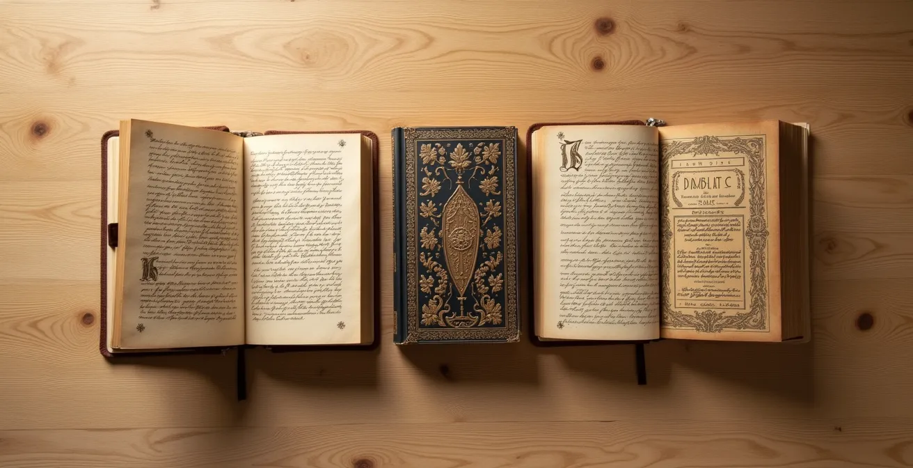 Vue aérienne minimaliste de plusieurs manuscrits disposés en éventail sur table en bois