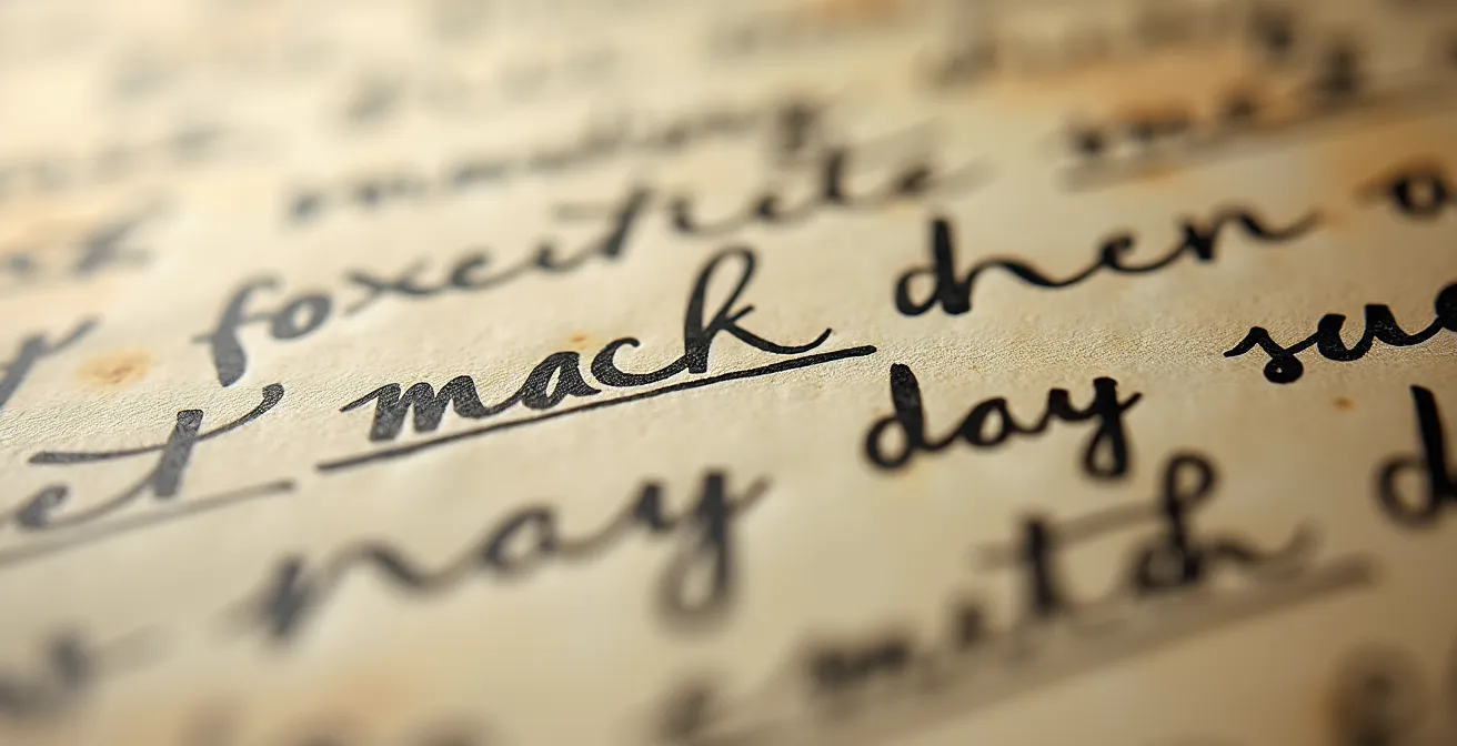 Vue macro des ratures et corrections manuscrites sur papier ancien