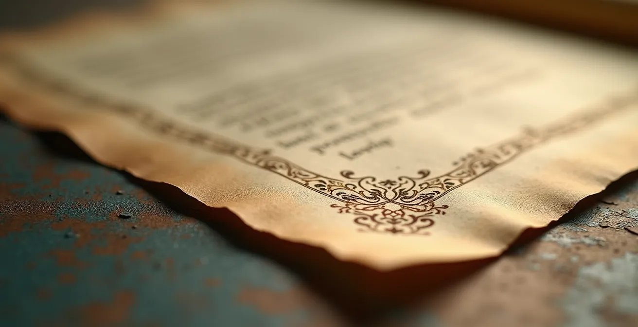 Détail macro d'une page de manuscrit avec textures du papier ancien et reflets de lumière