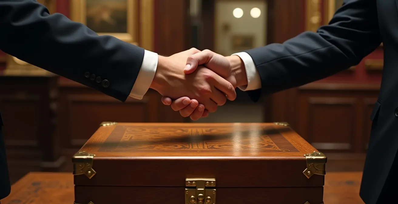 Poignée de main élégante au-dessus d'un coffret de manuscrit