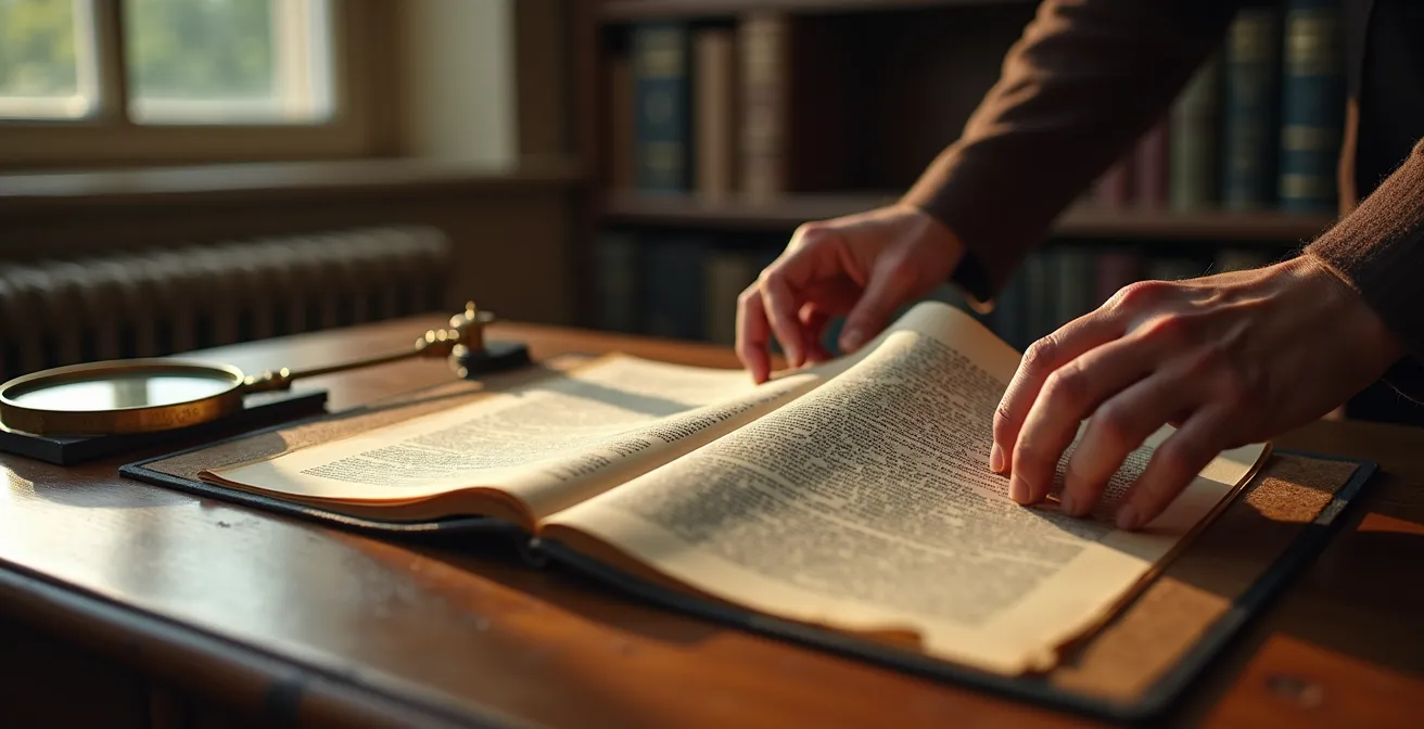 Mains feuilletant un manuscrit avec une loupe posée sur un bureau en bois ancien